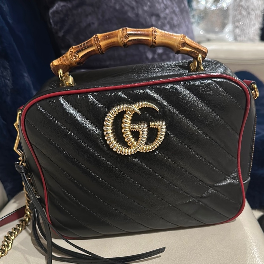Bamboo top handle Gucci Blue and Red Leather Bag